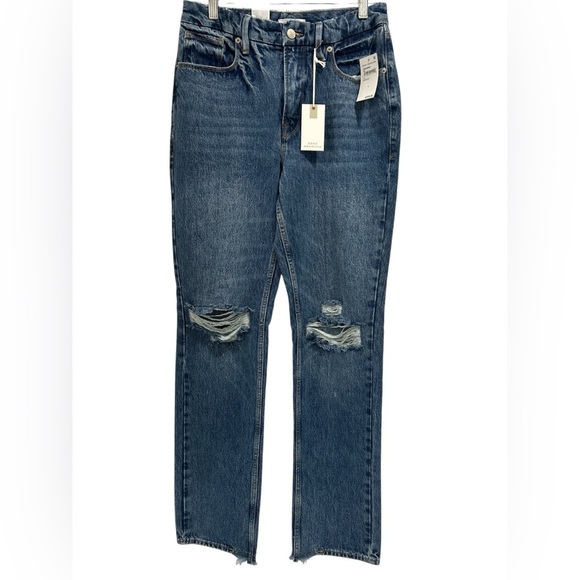 Good American Denim - Good American Straight Leg Distressed Jeans in Dark Blue